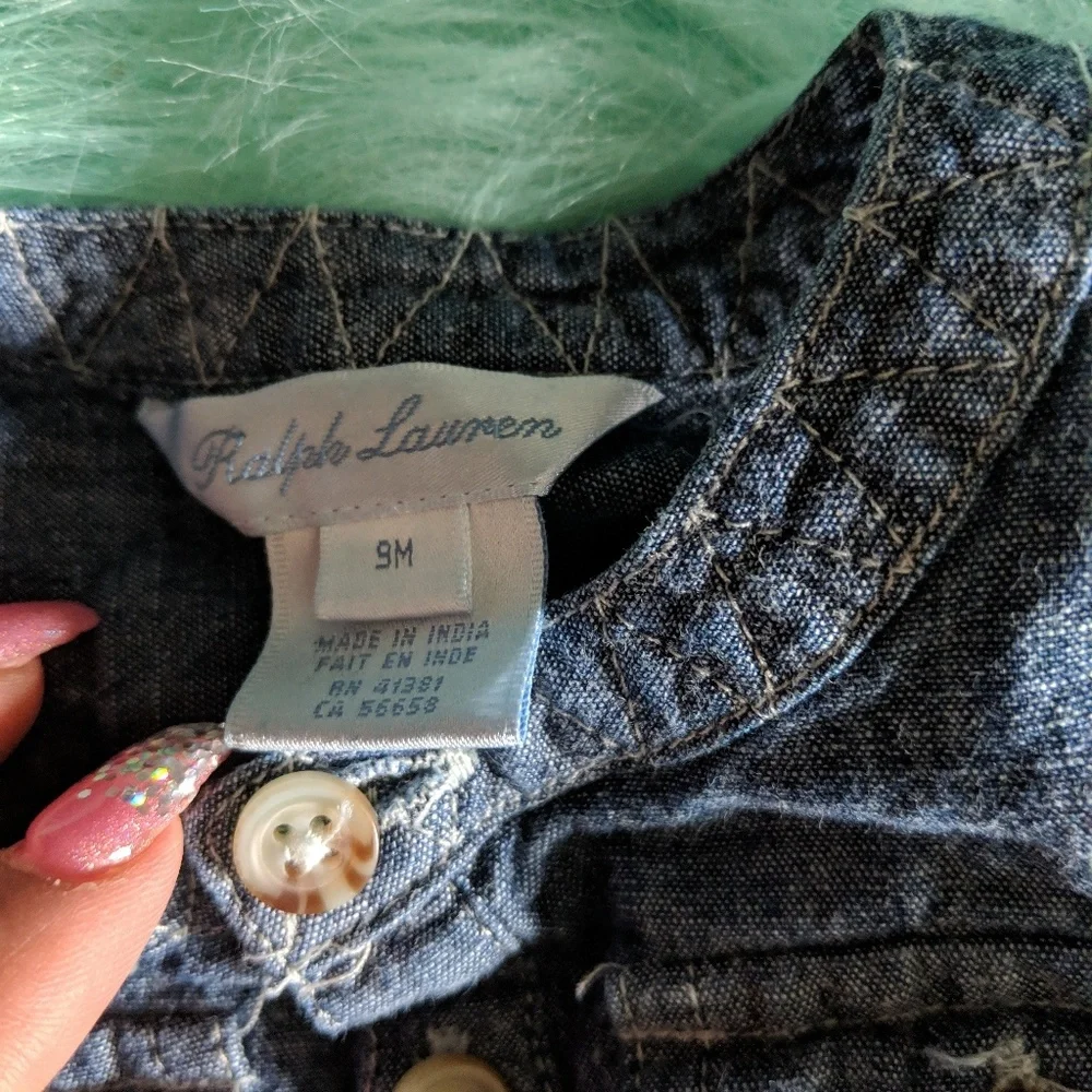 🍼🎀 Ralph Lauren Ruffled Blue Newborn Baby Girl Denim Dress Shortsleeved Outfit